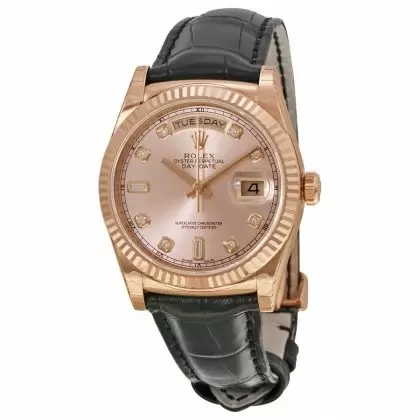 Replica Rolex Day-Date President Automatic Pink Champagne Diamond Dial Black Leather Unisex Watches