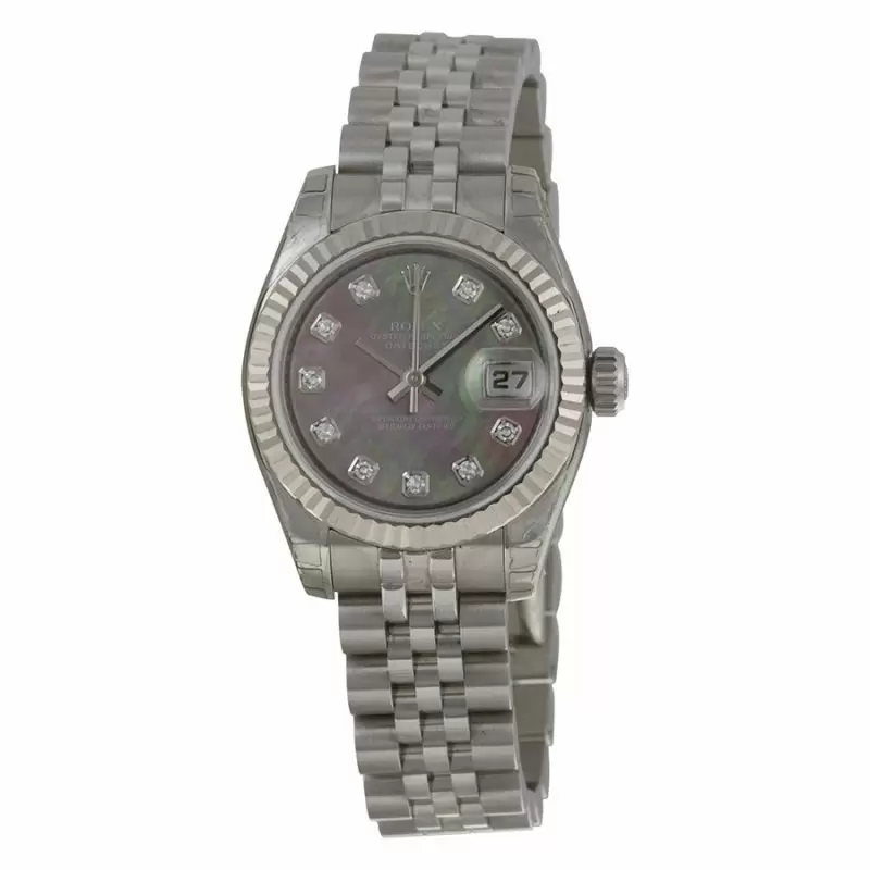 Replica Rolex Lady Datejust Black Mother of Pearl Diamond Dial Fluted 18k White Gold Bezel Steel Jubilee Bracelet Watches