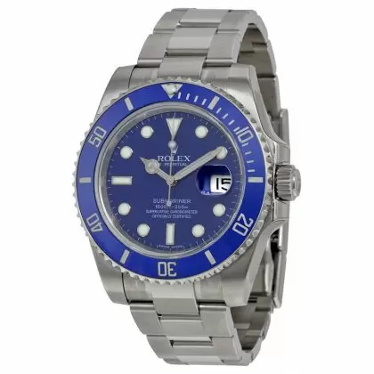 Replica Rolex Submariner Blue Index Dial Oyster Bracelet 18kt White Gold Men's Watches
